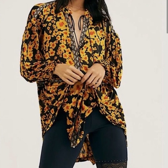 NWT Free People Love letter tunic top dress. Yellow/  black floral, long sleeve - Picture 5 of 14
